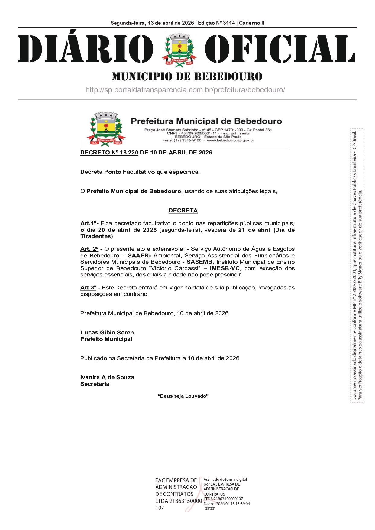 Ponto Facultativo – 20 de abril